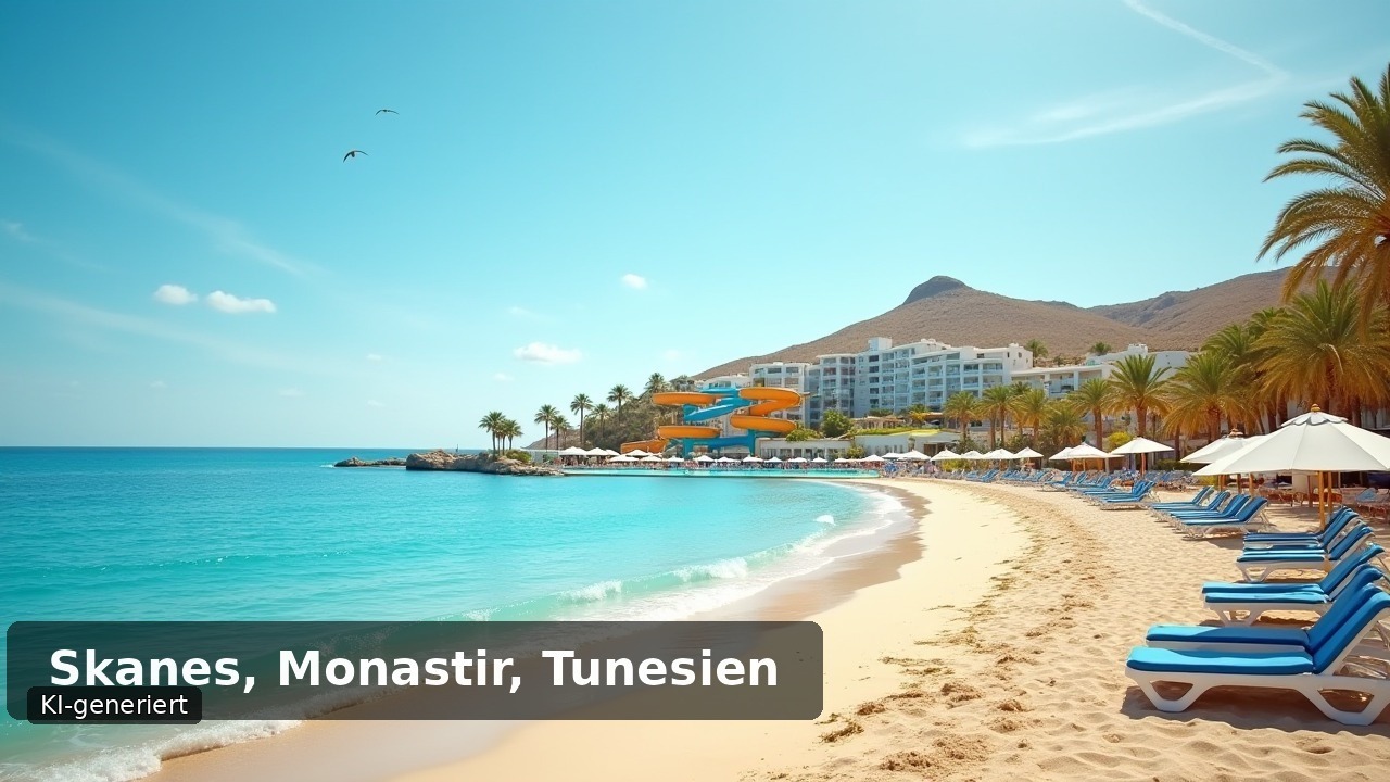 Pool, Strand und Wasserrutsche einer Ferienanlage bei Monastir, Tunesien (KI-generierte Illustration)