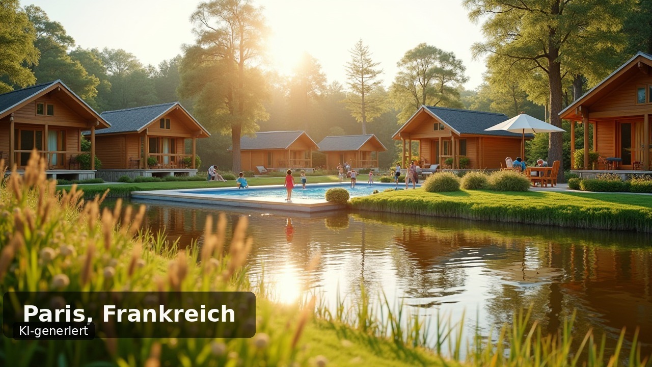Ferienhaeuser, See und Pool eines Ferienparks bei Paris (KI-generierte Illustration)