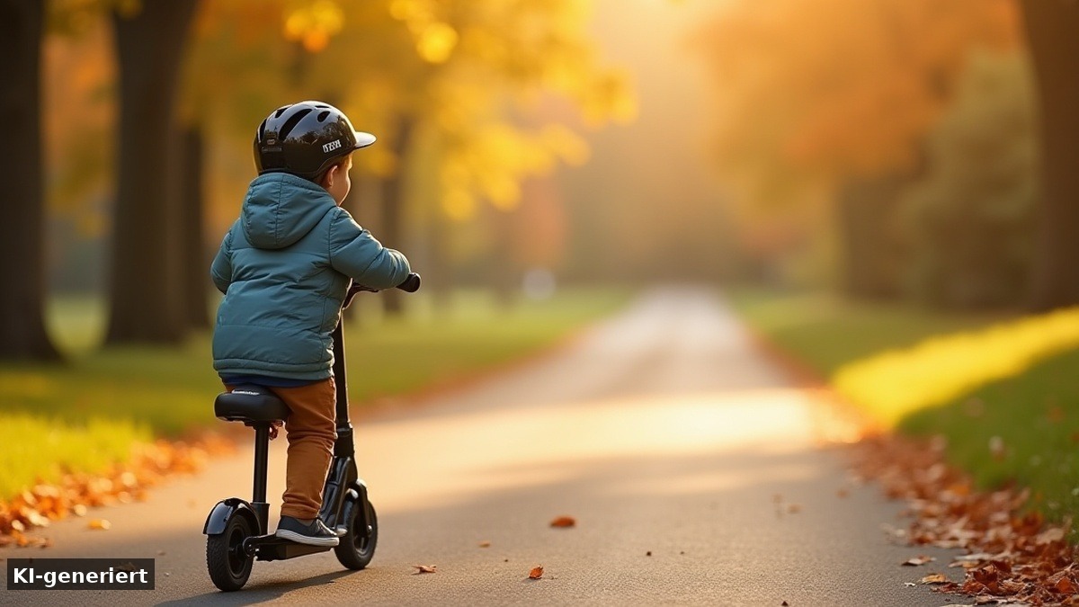 Kleiner Kinder-E-Scooter mit Sitz und Korb auf einem Herbstweg – Symbolbild (KI-generierte Darstellung)