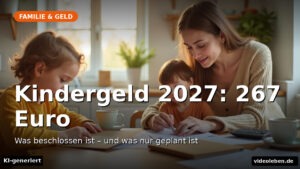 Text-Cover der Rubrik Familie & Geld: Kindergeld 2027 – 267 Euro. Was beschlossen ist und was nur geplant ist. KI-generiertes Hintergrundbild.