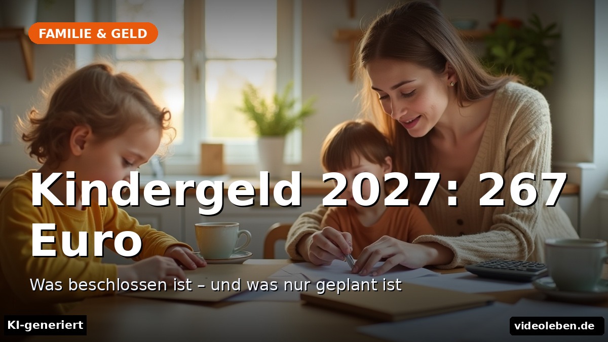 Text-Cover der Rubrik Familie & Geld: Kindergeld 2027 – 267 Euro. Was beschlossen ist und was nur geplant ist. KI-generiertes Hintergrundbild.