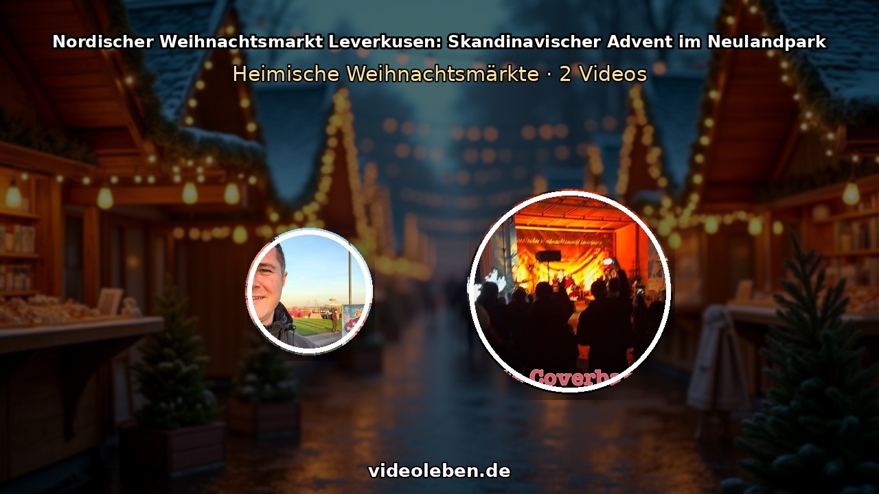 Nordischer Weihnachtsmarkt im Neuland-Park Leverkusen mit rot-weißen Schwedenhäuschen im Abendlicht