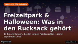 Beitragsbild: Packliste für Freizeitpark und Halloween mit Kindern (KI-generiertes Cover, Videoleben.de)