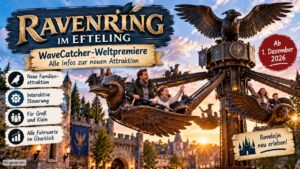 Ravenring im Efteling: KI-generierte Darstellung der neuen Familienattraktion mit geflügelten Rabengondeln – WaveCatcher-Weltpremiere ab 1. Dezember 2026
