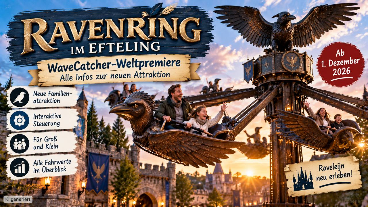 Ravenring im Efteling: KI-generierte Darstellung der neuen Familienattraktion mit geflügelten Rabengondeln – WaveCatcher-Weltpremiere ab 1. Dezember 2026