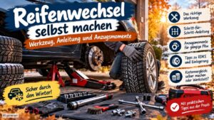 Reifenwechsel selbst machen: Auto auf Wagenheber mit abgenommenem Rad, Bremsscheibe sichtbar, davor Drehmomentschlüssel und Werkzeug (KI-generiertes Bild)