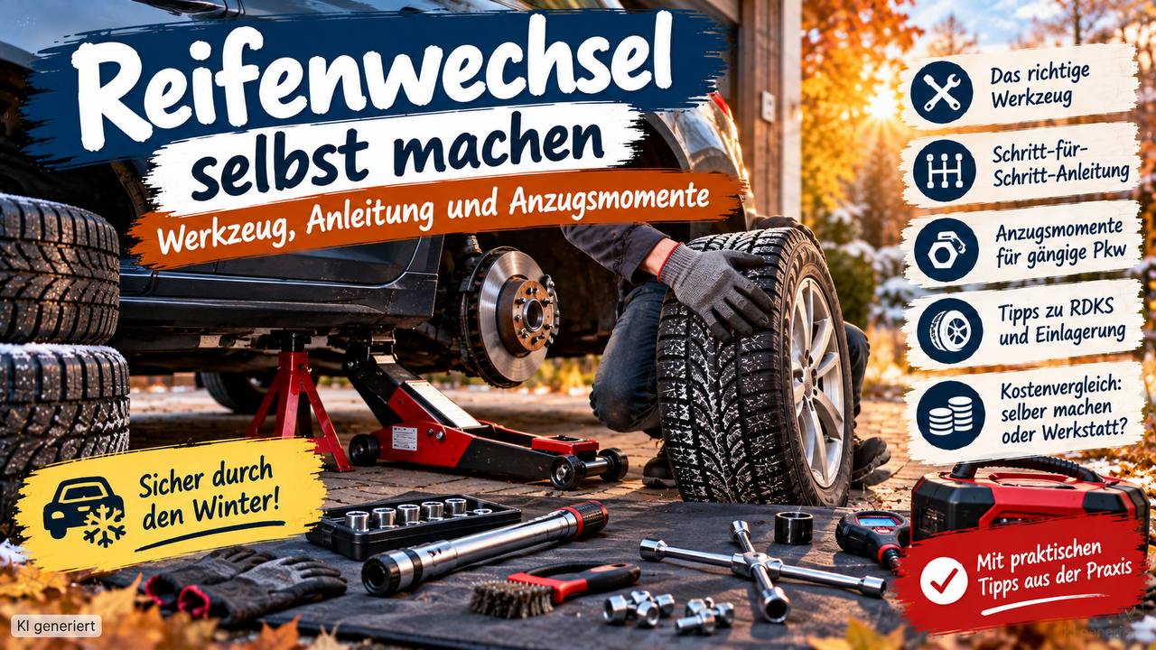 Reifenwechsel selbst machen: Auto auf Wagenheber mit abgenommenem Rad, Bremsscheibe sichtbar, davor Drehmomentschlüssel und Werkzeug (KI-generiertes Bild)