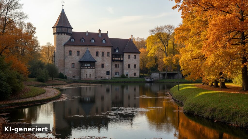Historisches Wasserschloss im Herbstlaub mit Park und altem Baumbestand (KI-generiert)