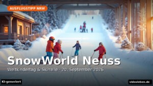 SnowWorld Neuss: Kinder mit Ski in der Indoor-Skihalle, Beitragsbild mit Titel "SnowWorld Neuss" und Hinweis KI-generiert