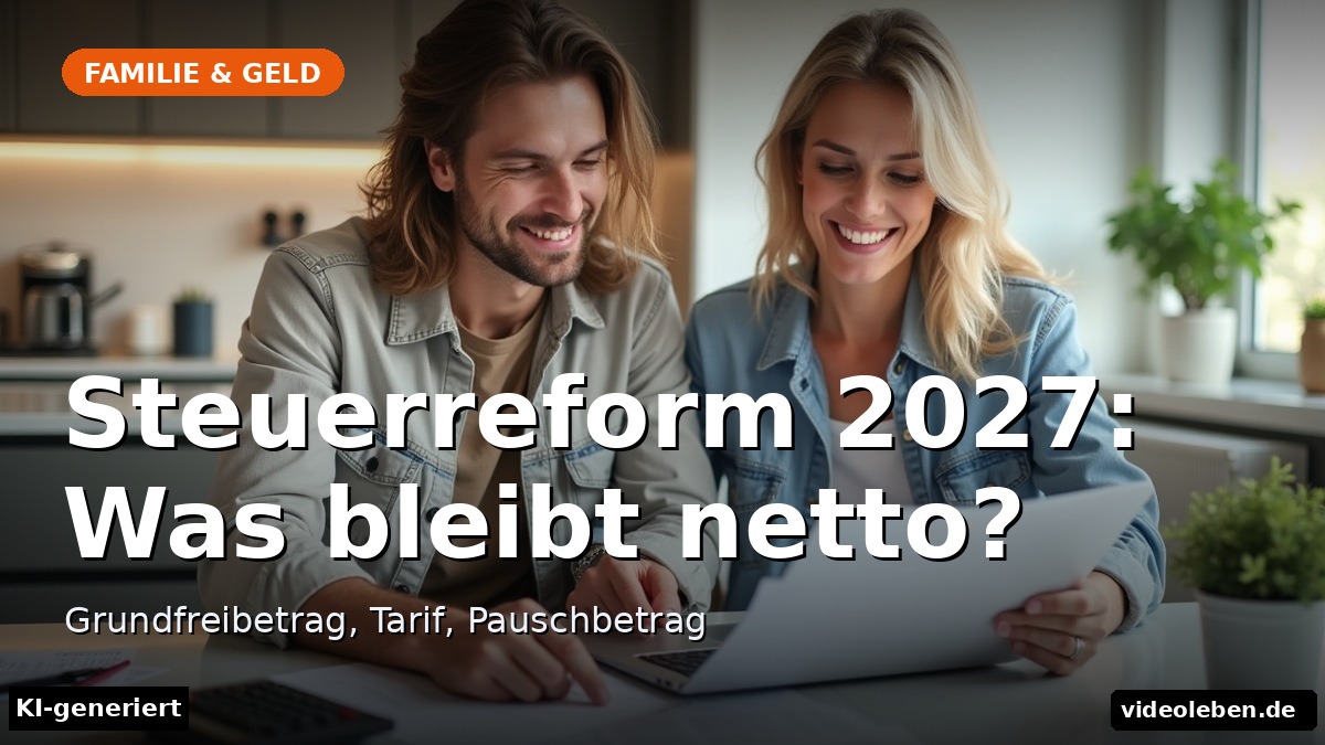 Text-Cover der Rubrik Familie & Geld: Steuerreform 2027 – Was bleibt netto? Grundfreibetrag, Tarif, Pauschbetrag. KI-generiertes Hintergrundbild.