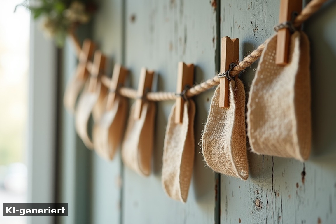 Variante 2: W&auml;scheklammern, Leine und Banderolen – DIY-Adventskalender basteln: 24 Ideen ohne Schokolade (KI-generierte Darstellung)