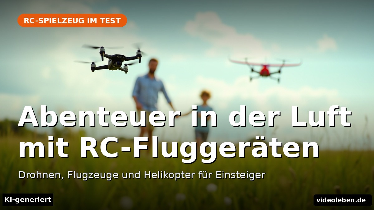 Text-Cover: Familie lässt RC-Flugzeug und Drohne über einer Wiese fliegen (KI-generiert)