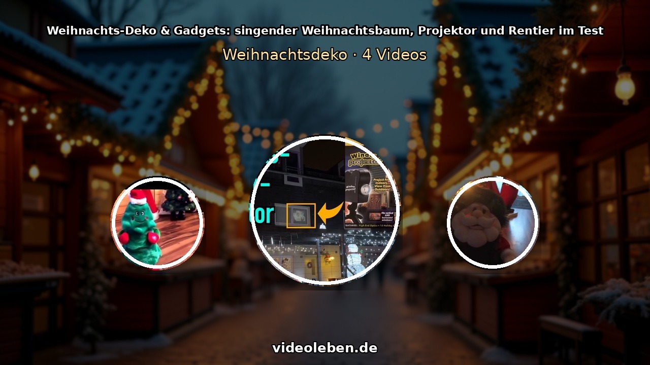 Weihnachtsdekoration und Gadgets: singender Weihnachtsbaum, Fensterprojektor und Krippe