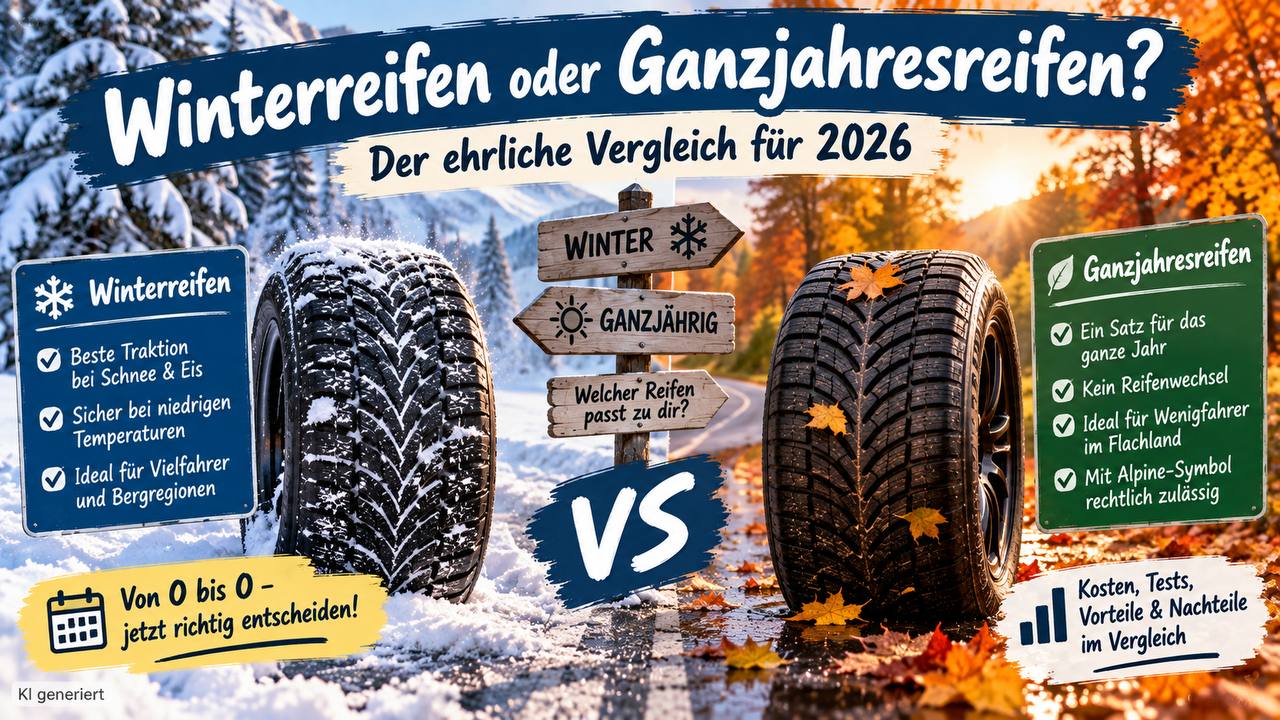 Infografik: Winterreifen und Ganzjahresreifen im Vergleich 2026 mit Vor- und Nachteilen (KI-generiert)
