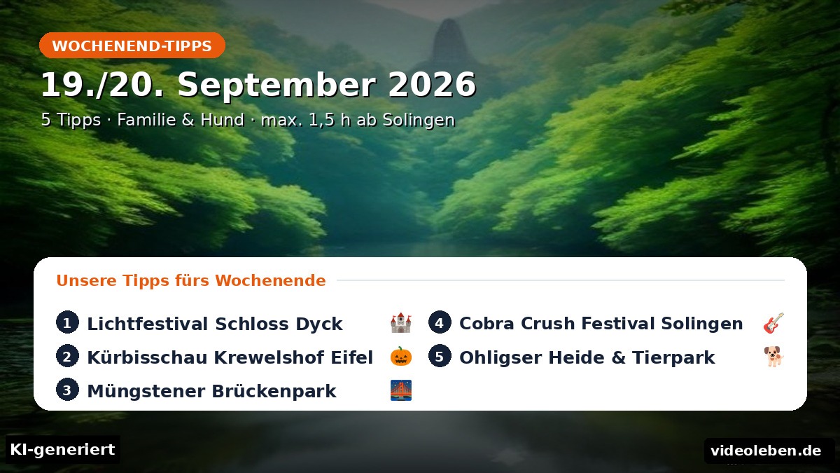 Wochenend-Tipps 19./20. September 2026: Cover mit den fünf Ausflugszielen ab Solingen – Lichtfestival Schloss Dyck, Kürbisschau Krewelshof, Müngstener Brückenpark, Cobra Crush Festival, Ohligser Heide