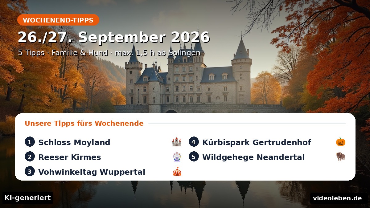 Wochenend-Tipps 26./27. September 2026: Schloss Moyland Golden Summer, Reeser Kirmes, Vohwinkeltag Wuppertal, Kuerbispark Gertrudenhof, Wildgehege Neandertal (KI-generiert)