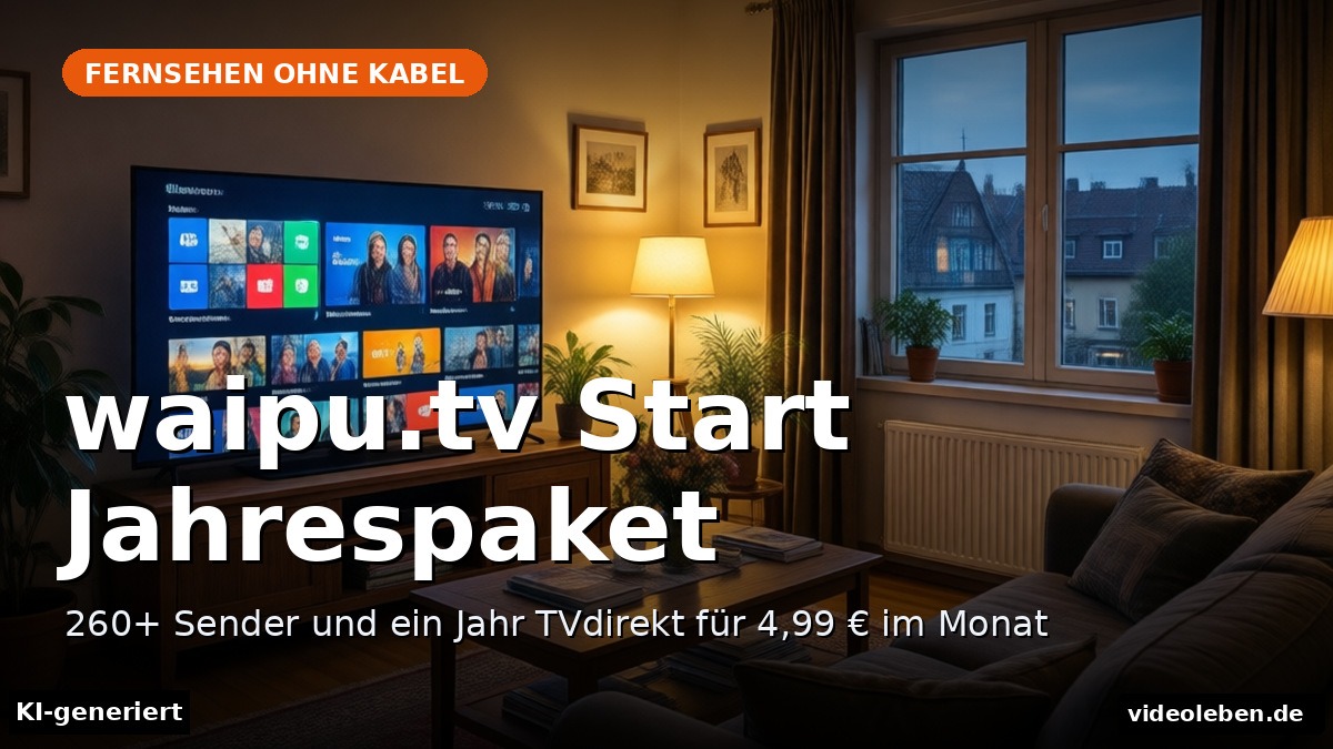 waipu.tv Start Jahrespaket: Fernseher mit Streaming-Menü im Wohnzimmer (KI-generierte Darstellung)