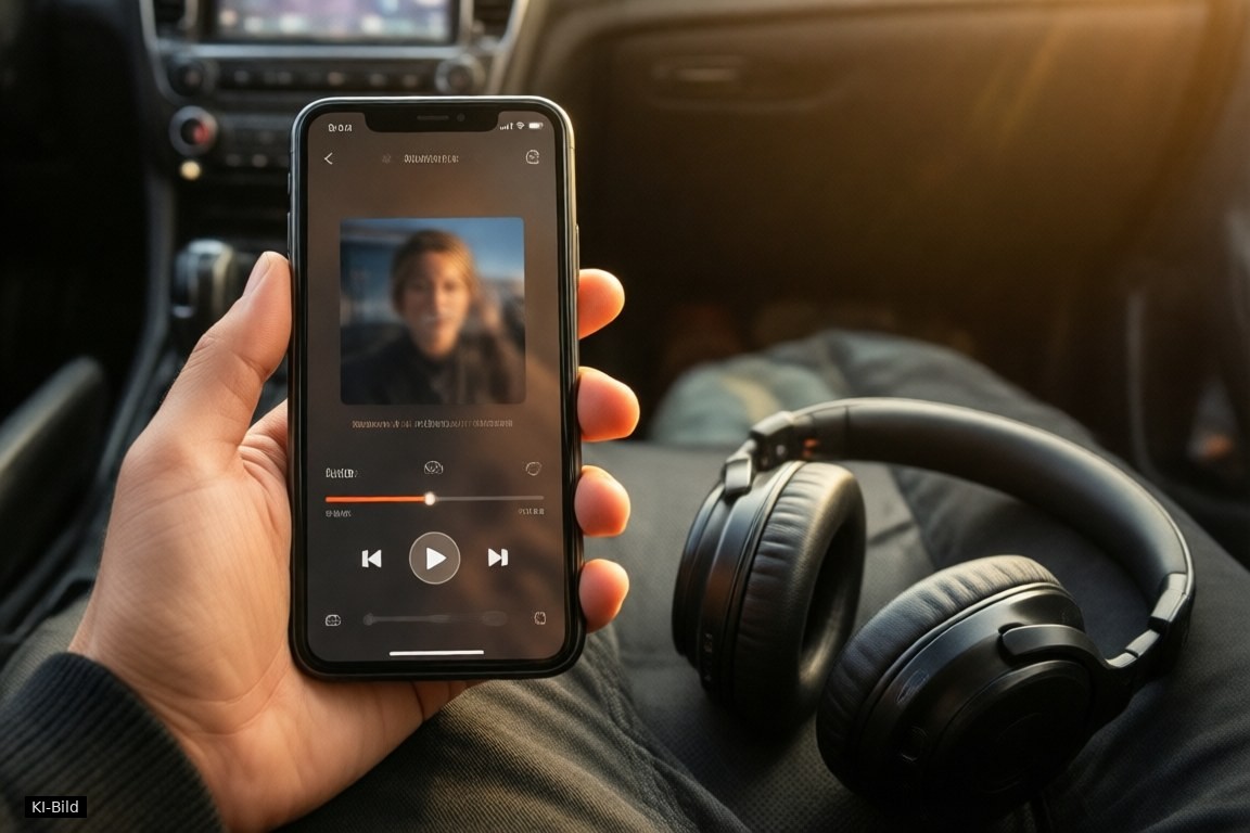 Audible Abo: Smartphone mit Hörbuch-App und Kopfhörer auf dem Beifahrersitz (KI-Bild)