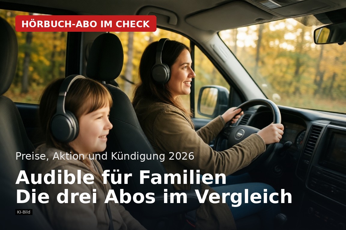 Audible Abo für Familien: Familie im Auto mit Kopfhörern (KI-Bild)