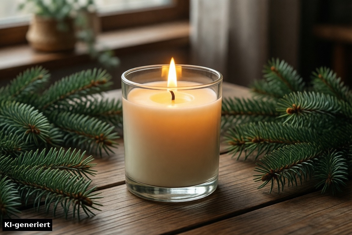 Ava & May Adventskalender: Duftkerze mit Tannenzweigen (KI-generierte Darstellung)