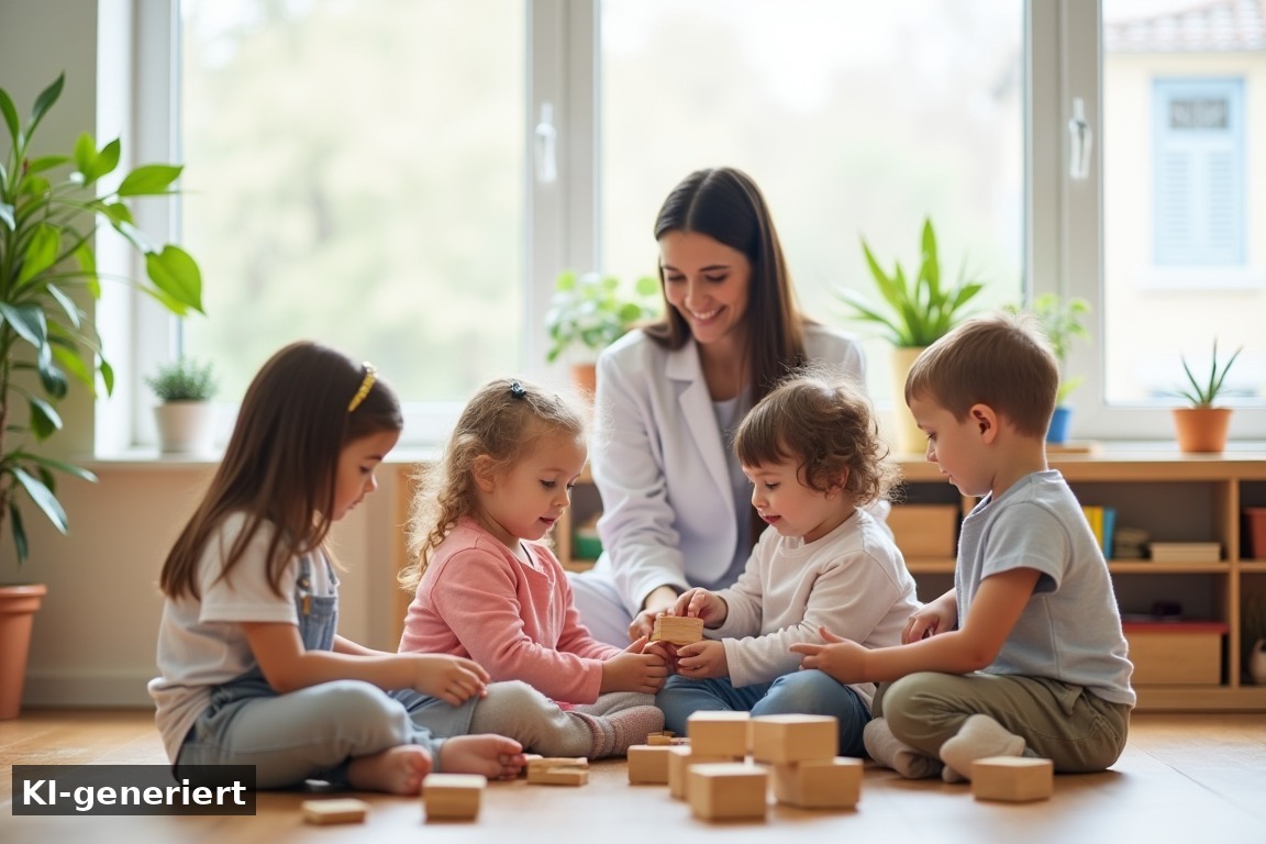 Kinder in der Kita mit Betreuungsperson beim Spielen