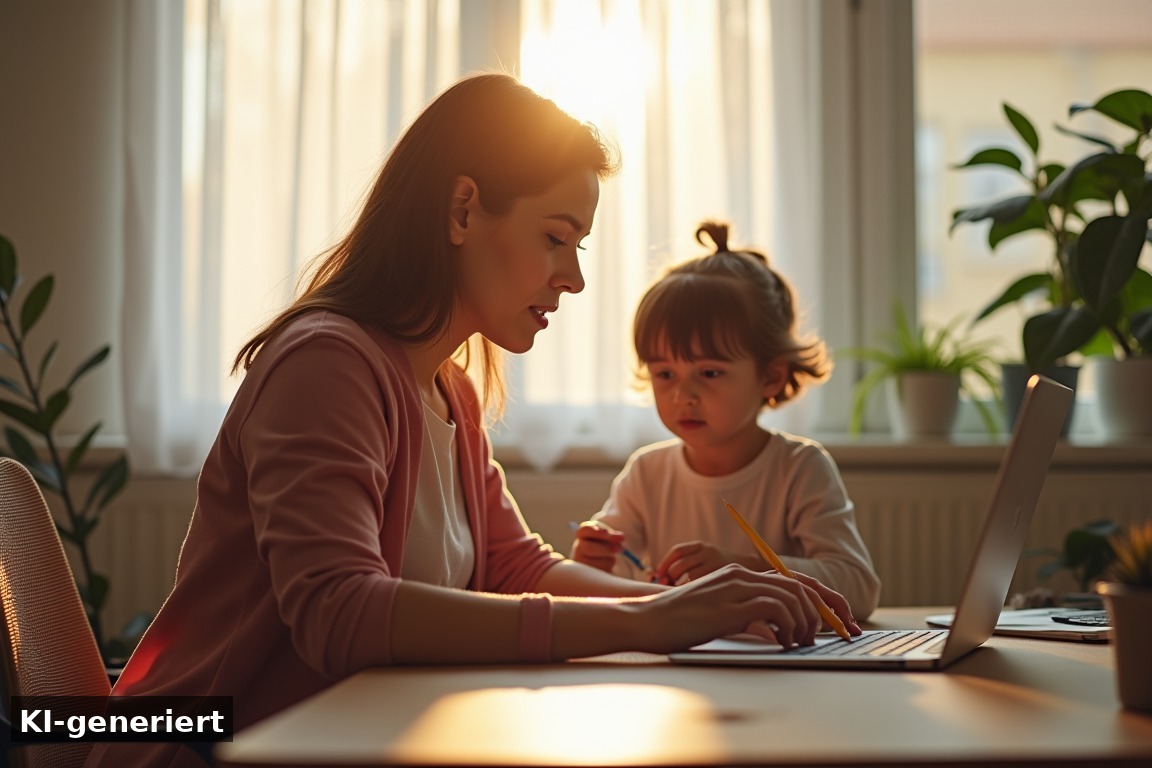 Mutter arbeitet im Homeoffice, Kind malt daneben