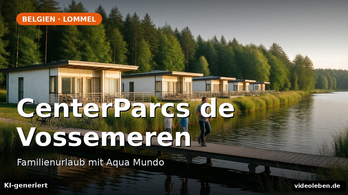CenterParcs de Vossemeren in Belgien: Ferienhäuser am See mit Holzsteg und Familie (KI-generierte Darstellung)