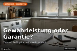 Rechnung, Smartphone und Küche – Symbolbild zu Gewährleistung und Garantie beim Einkauf (KI-generierte Darstellung)