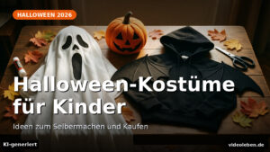 Selbstgemachte Halloween-Kostüme: Gespensterlaken, Filz-Kürbiskappe und Fledermaus-Kapuzenpullover auf einem Holztisch