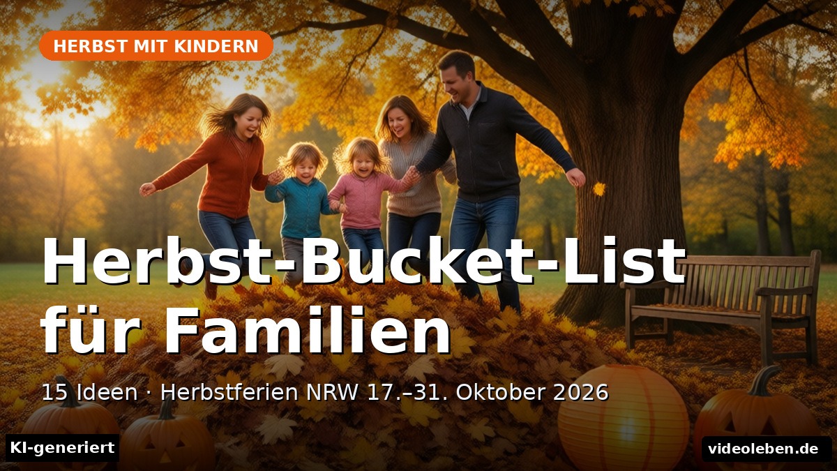 Herbst-Bucket-List für Familien: Kinder springen in einen Laubhaufen, Kürbisse und Laterne im Vordergrund (KI-generierte Darstellung)