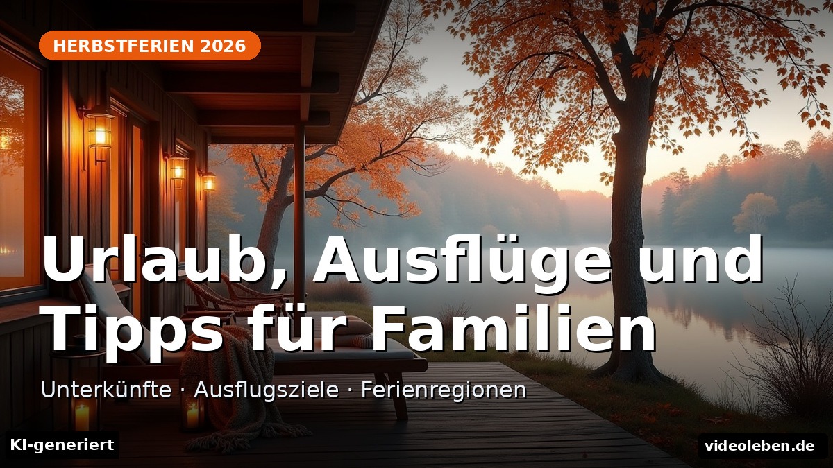 Ferienhaus am See im Herbst, Text-Cover: Herbstferien 2026 - Urlaub, Ausflüge und Tipps für Familien (KI-generierte Darstellung)