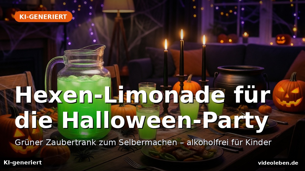Halloween-Partytisch mit grün leuchtender Hexen-Limonade, Kürbissen und Kerzen (KI-generierte Darstellung)