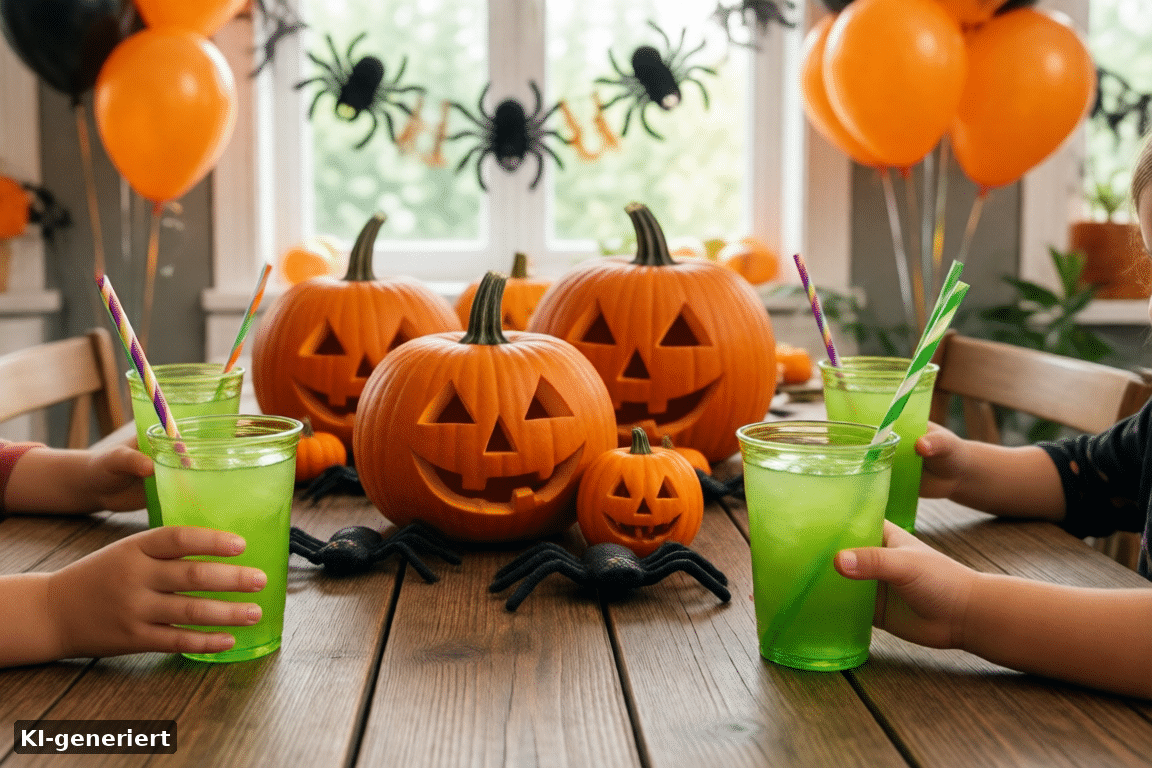 Kinder-Halloween-Party mit grüner Limonade in Bechern, Kürbissen und Girlanden (KI-generierte Darstellung)