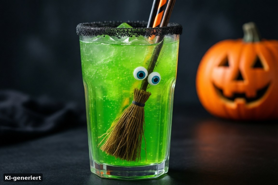 Glas mit grüner Hexen-Limonade, schwarzem Zuckerrand, Gummiaugen und Hexenbesen-Strohhalm (KI-generierte Darstellung)