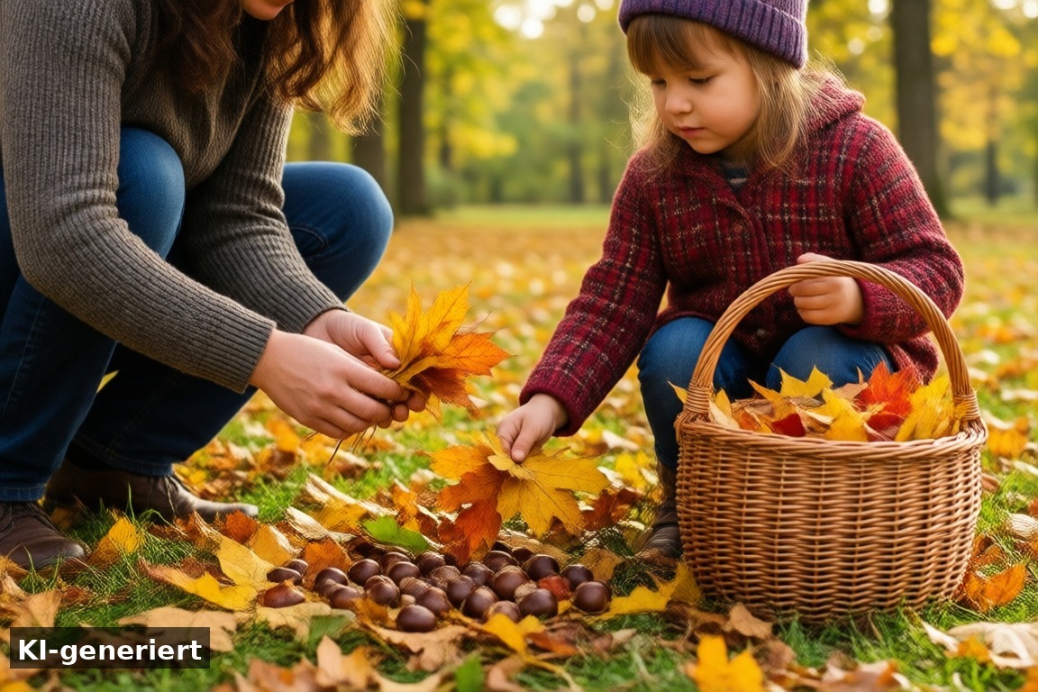 Herbst-Bucket-List: Kinder sammeln Blätter und Kastanien (KI-generierte Darstellung)