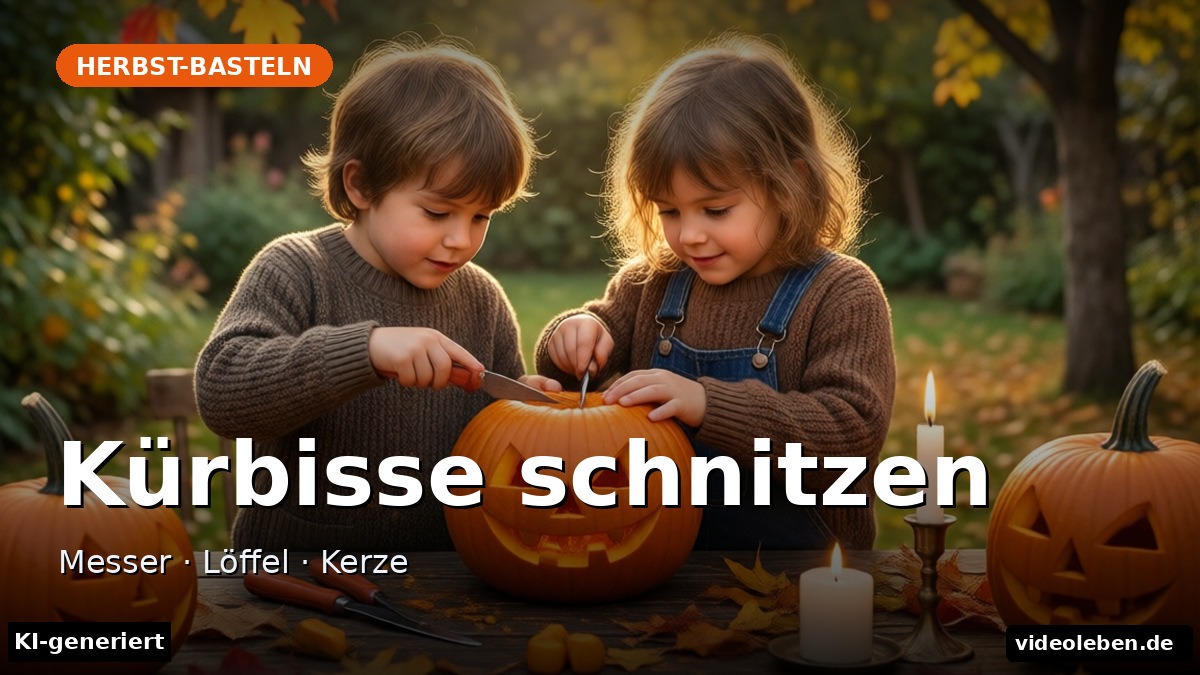 Kürbisse schnitzen – Messer · Löffel · Kerze (KI-generierte Darstellung)
