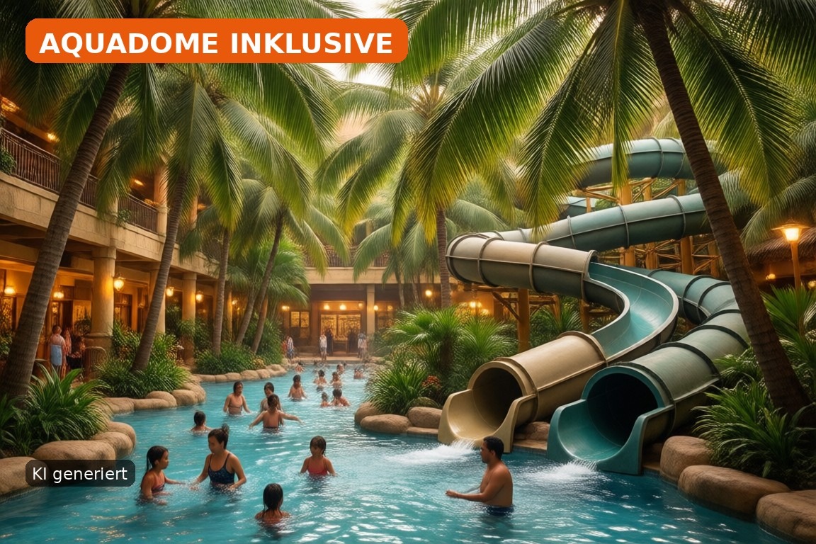 Tropische Badehalle mit Palmen und Rutsche im Lalandia Aquadome (KI-generierte Darstellung)