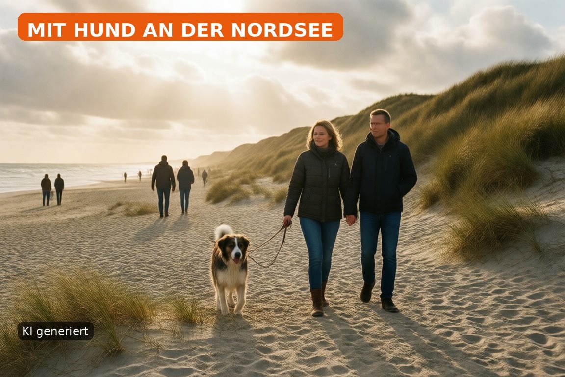 Familie mit Hund am Strand der dänischen Nordseeküste im Herbst (KI-generierte Darstellung)