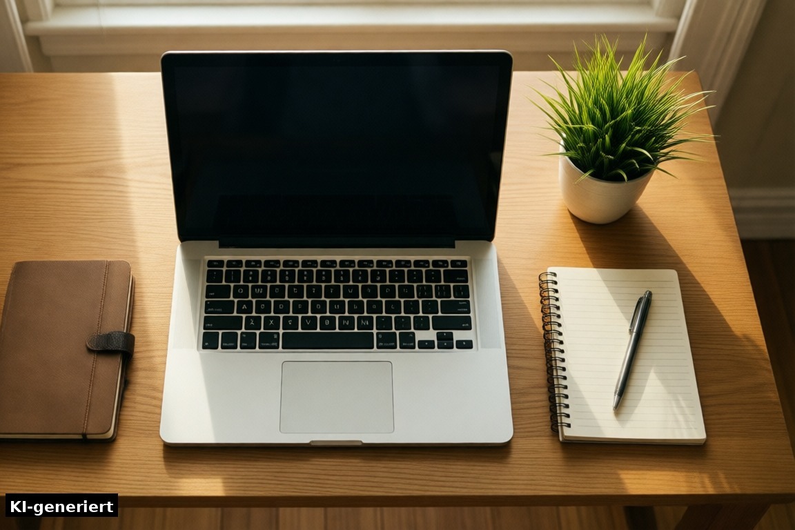 Microsoft Office 2021: aufgeräumter Arbeitsplatz mit Laptop und Notizbuch (KI-generierte Darstellung)