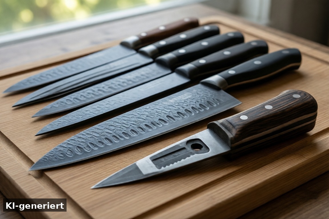 Technik & Ausstattung: Karbonstahl, Antihaft & integrierter Sch&auml;rfer – KATISUN Messerblock-Set im Test: 16-teiliges Küchenmesser-Set mit Schneidebrett & Schärfer (KI-generierte Darstellung)