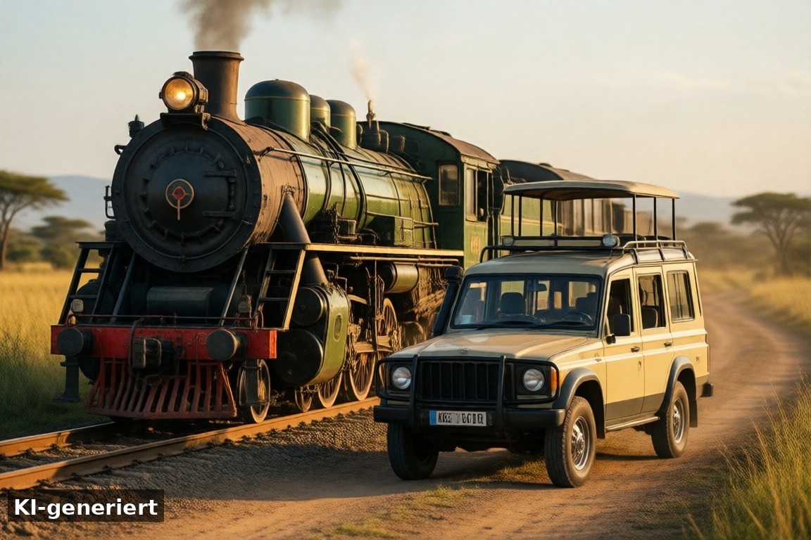 Bahn und Oldtimer – Kinderattraktionen im Serengeti-Park: Jambo Kinderparadies, Afrika-Express und Oldtimer (KI-generierte Darstellung)
