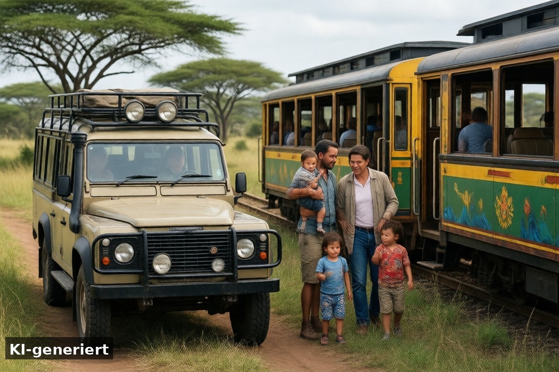 Mit kleinen Kindern durch den Park – Kinderattraktionen im Serengeti-Park: Jambo Kinderparadies, Afrika-Express und Oldtimer (KI-generierte Darstellung)