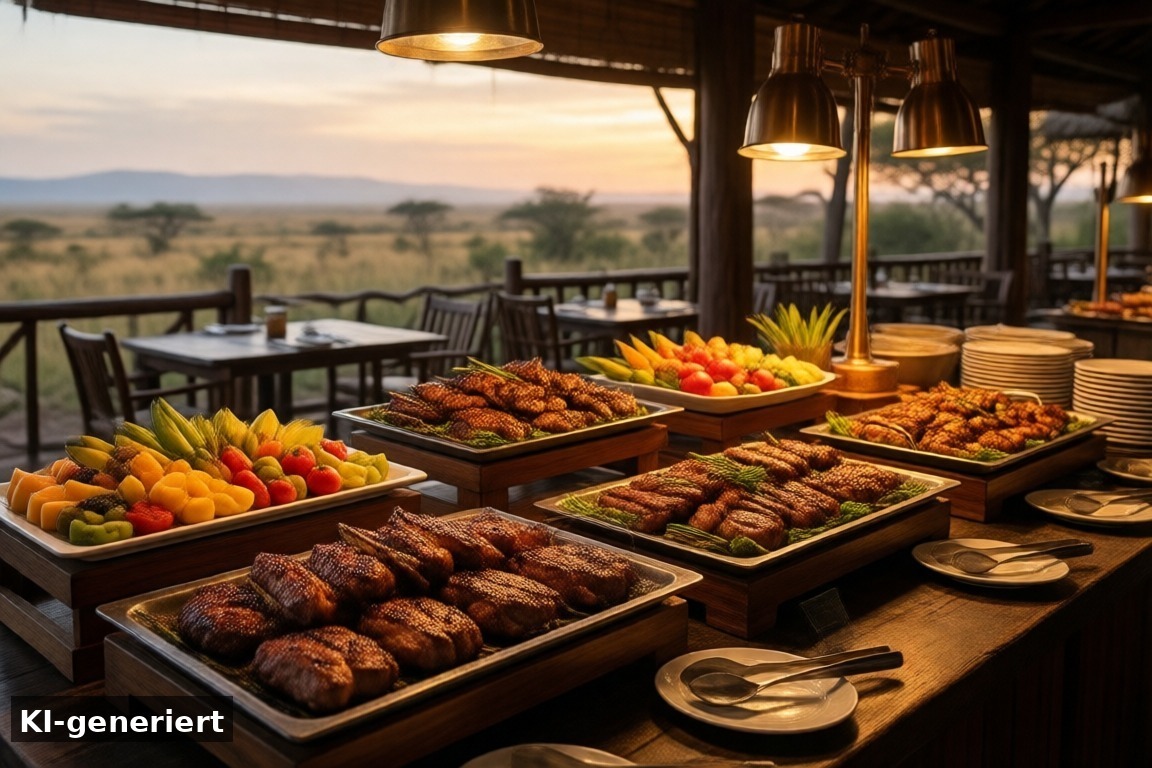 Abendbuffet im Savanne Lodge-Restaurant – Safari Lodges im Serengeti-Park: übernachten zwischen Löwen und Giraffen (KI-generierte Darstellung)