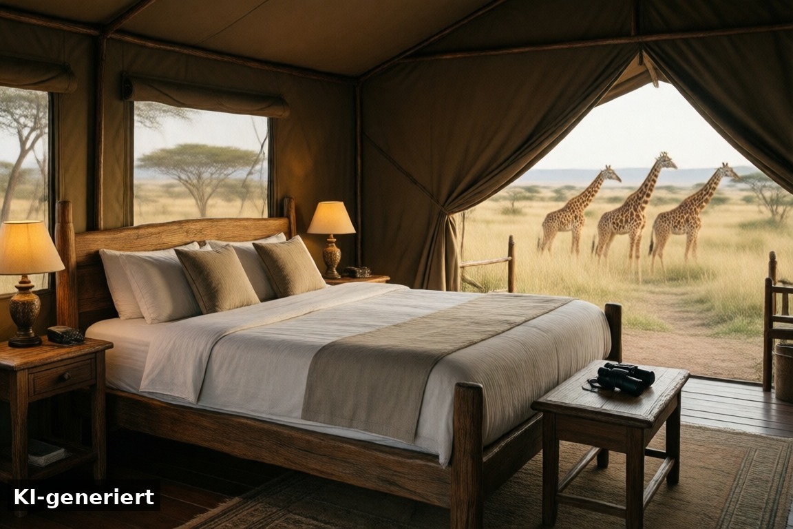 Übernachten im Park – Safari Lodges im Serengeti-Park: übernachten zwischen Löwen und Giraffen (KI-generierte Darstellung)