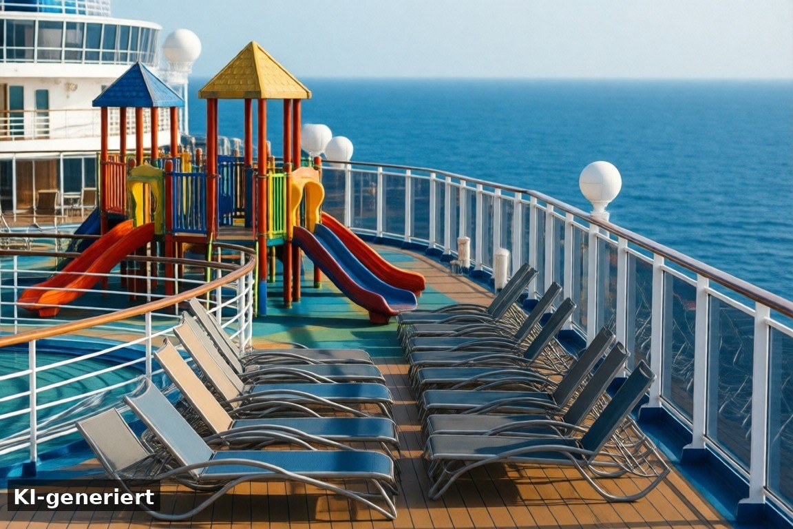 Der ideale Treffpunkt für die ganze Familie – AIDA prima an Bord: Skywalk, Four Elements, Racer & Beach Club (KI-generierte Darstellung)