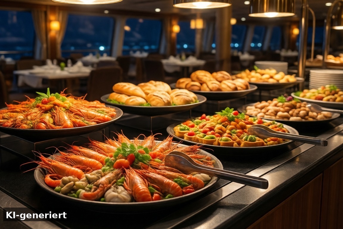 Die Vielfalt der Speisekarten und die Atmosphäre im Markt – AIDA prima Restaurants: Essen, Bars und Abendprogramm an Bord (KI-generierte Darstellung)