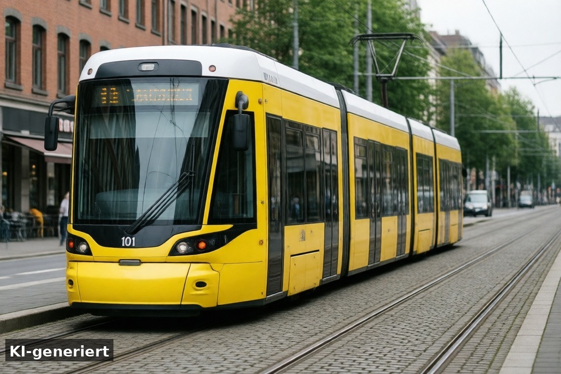 Tram 101 in Essen – Straßenbahn und Stadtbahn in NRW: KVB, U75, U77 und Tram 101 (KI-generierte Darstellung)