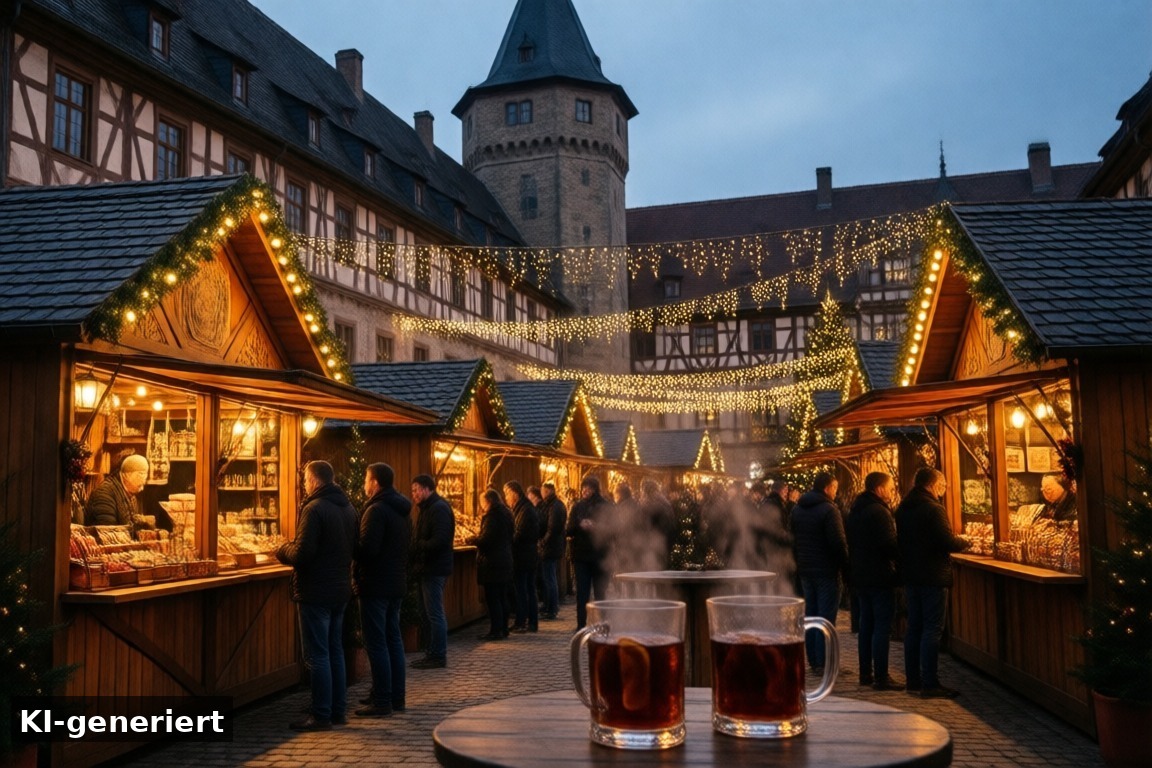 Unsere Videos vom Weihnachtsmarkt Schloss Merode – Weihnachtsmarkt Schloss Merode: Romantischer Advent im Wasserschloss (KI-generierte Darstellung)