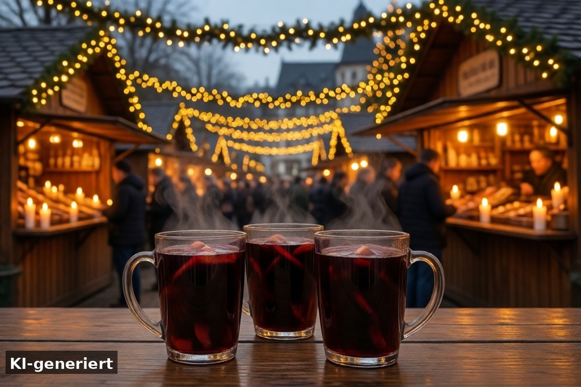 Gastronomie und Stimmung auf dem Markt – Weihnachtsmarkt Schloss Merode: Romantischer Advent im Wasserschloss (KI-generierte Darstellung)