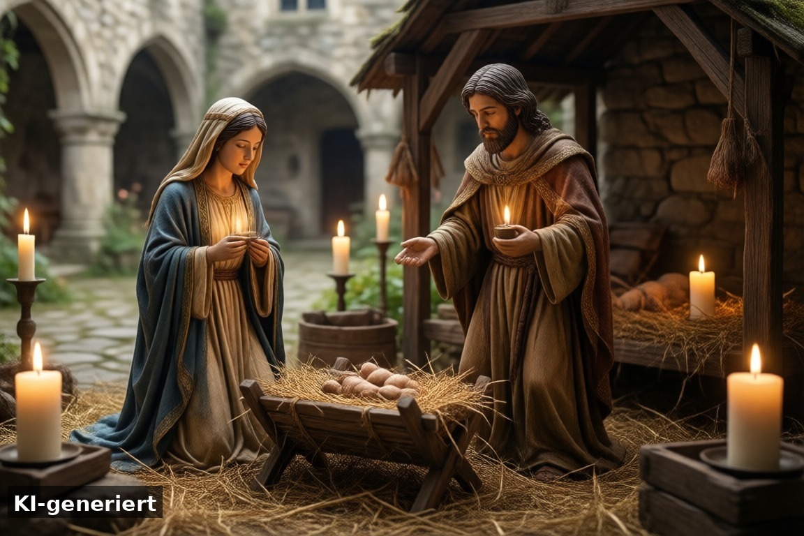 Krippenspiel nach mittelalterlichen Vorlagen – Burgweihnacht Satzvey: Mittelalterlicher Weihnachtsmarkt mit Krippenspiel (KI-generierte Darstellung)